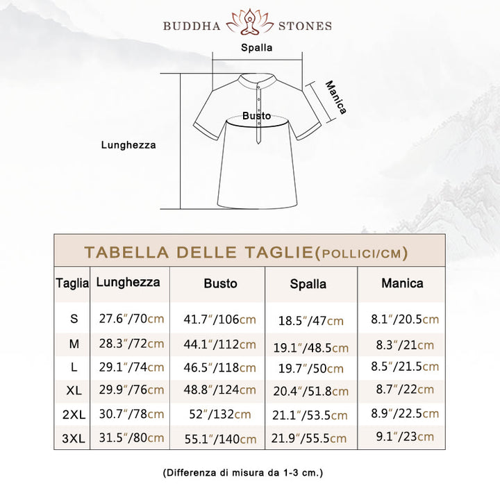 Camicia casual in cotone e lino con bottoni a maniche corte da uomo Buddha Stones