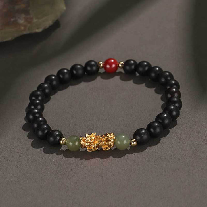 Buddha Stones Argento Sterling 999 Sandalo Legno di Ebano Foglia Piccola Sandalo Rosso Giada Hetian Cinabro Bracciale PiXiu Wealth