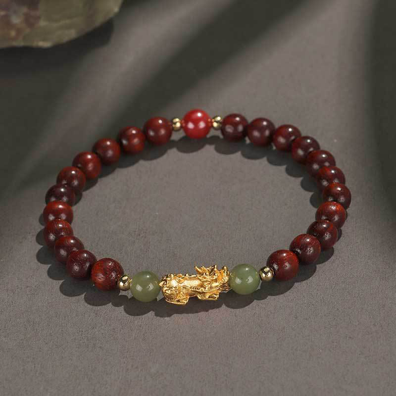 Buddha Stones Argento Sterling 999 Sandalo Legno di Ebano Foglia Piccola Sandalo Rosso Giada Hetian Cinabro Bracciale PiXiu Wealth
