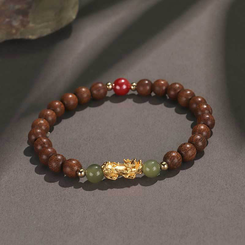Buddha Stones Argento Sterling 999 Sandalo Legno di Ebano Foglia Piccola Sandalo Rosso Giada Hetian Cinabro Bracciale PiXiu Wealth