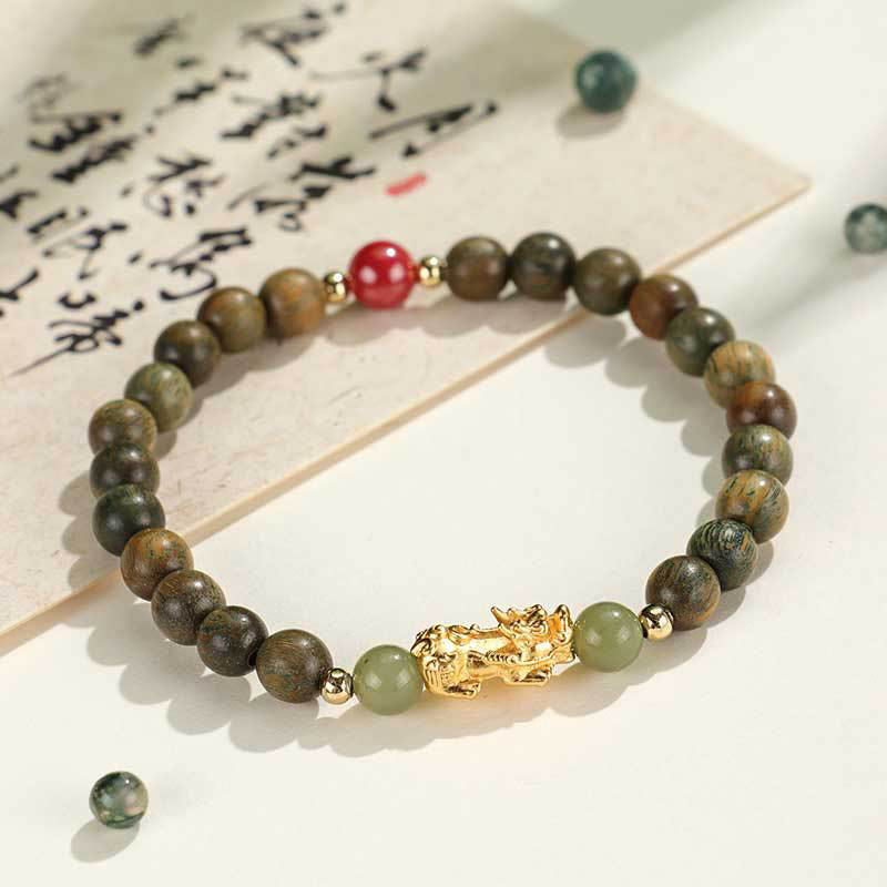 Buddha Stones Argento Sterling 999 Sandalo Legno di Ebano Foglia Piccola Sandalo Rosso Giada Hetian Cinabro Bracciale PiXiu Wealth