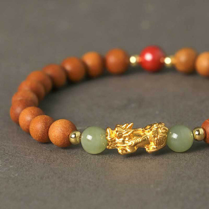 Buddha Stones Argento Sterling 999 Sandalo Legno di Ebano Foglia Piccola Sandalo Rosso Giada Hetian Cinabro Bracciale PiXiu Wealth