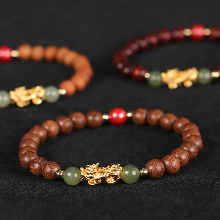 Buddha Stones Argento Sterling 999 Sandalo Legno di Ebano Foglia Piccola Sandalo Rosso Giada Hetian Cinabro Bracciale PiXiu Wealth