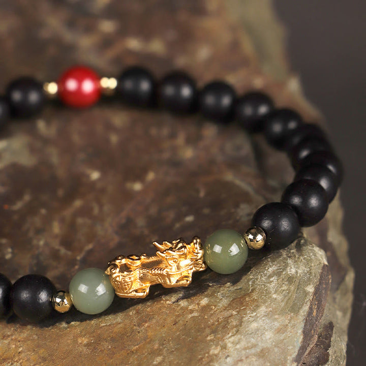 Buddha Stones Argento Sterling 999 Sandalo Legno di Ebano Foglia Piccola Sandalo Rosso Giada Hetian Cinabro Bracciale PiXiu Wealth