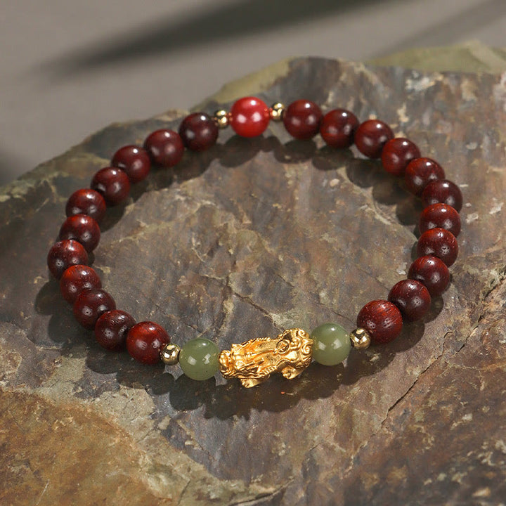 Buddha Stones Argento Sterling 999 Sandalo Legno di Ebano Foglia Piccola Sandalo Rosso Giada Hetian Cinabro Bracciale PiXiu Wealth