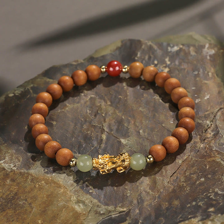 Buddha Stones Argento Sterling 999 Sandalo Legno di Ebano Foglia Piccola Sandalo Rosso Giada Hetian Cinabro Bracciale PiXiu Wealth