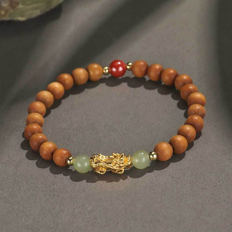 Buddha Stones Argento Sterling 999 Sandalo Legno di Ebano Foglia Piccola Sandalo Rosso Giada Hetian Cinabro Bracciale PiXiu Wealth