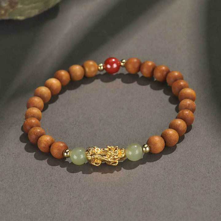 Buddha Stones Argento Sterling 999 Sandalo Legno di Ebano Foglia Piccola Sandalo Rosso Giada Hetian Cinabro Bracciale PiXiu Wealth
