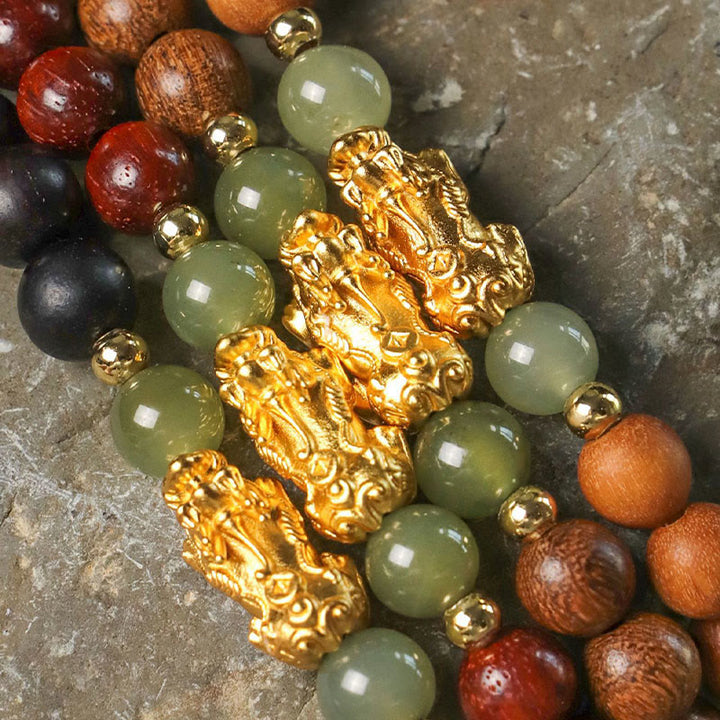 Buddha Stones Argento Sterling 999 Sandalo Legno di Ebano Foglia Piccola Sandalo Rosso Giada Hetian Cinabro Bracciale PiXiu Wealth