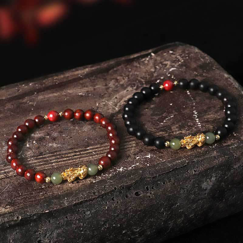Buddha Stones Argento Sterling 999 Sandalo Legno di Ebano Foglia Piccola Sandalo Rosso Giada Hetian Cinabro Bracciale PiXiu Wealth