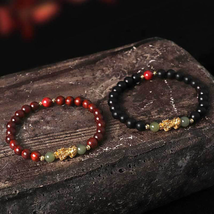 Buddha Stones Argento Sterling 999 Sandalo Legno di Ebano Foglia Piccola Sandalo Rosso Giada Hetian Cinabro Bracciale PiXiu Wealth
