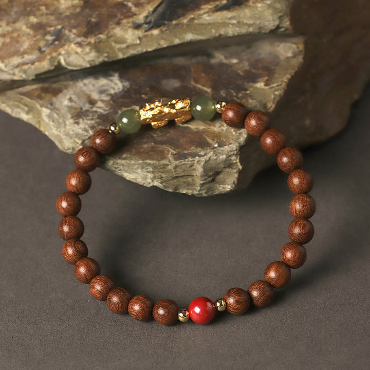 Buddha Stones Argento Sterling 999 Sandalo Legno di Ebano Foglia Piccola Sandalo Rosso Giada Hetian Cinabro Bracciale PiXiu Wealth