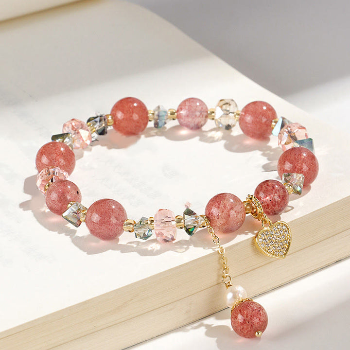 Braccialetto di guarigione a forma di cuore di Liuli con perle di cristallo bianco e quarzo fragola Buddha Stones