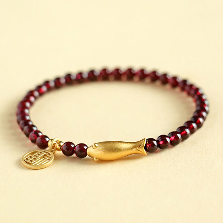 Braccialetto di purificazione Buddha Stones Garnet 925 Sterling Silver Fish Fu Character