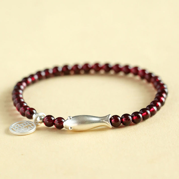 Braccialetto di purificazione Buddha Stones Garnet 925 Sterling Silver Fish Fu Character