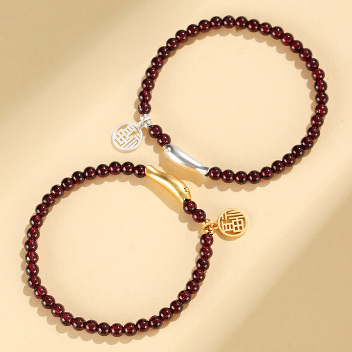 Braccialetto di purificazione Buddha Stones Garnet 925 Sterling Silver Fish Fu Character