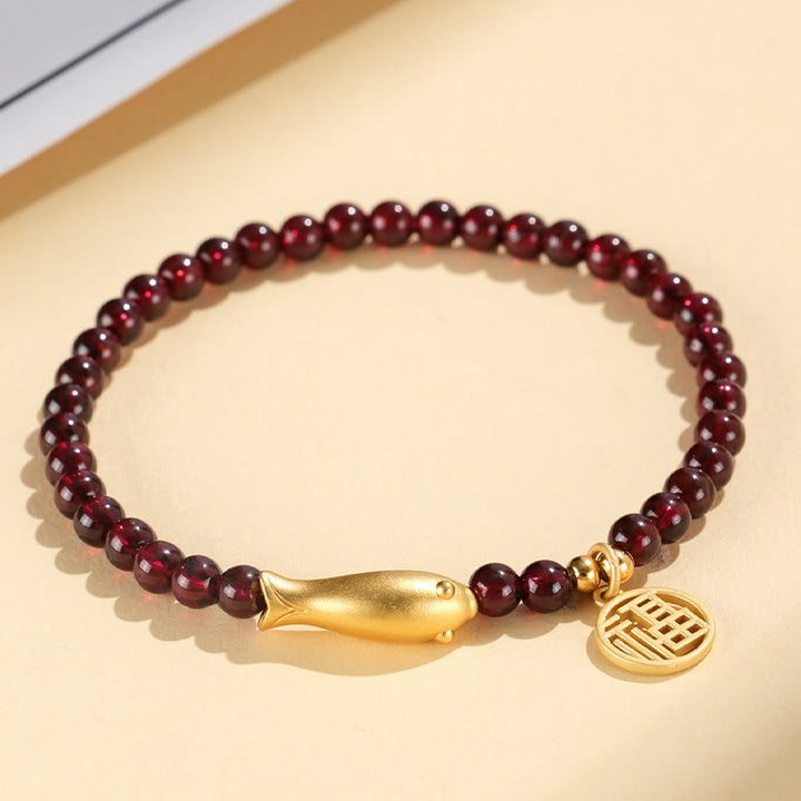 Braccialetto di purificazione Buddha Stones Garnet 925 Sterling Silver Fish Fu Character