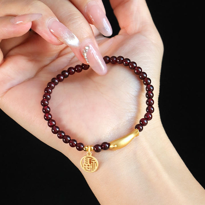 Braccialetto di purificazione Buddha Stones Garnet 925 Sterling Silver Fish Fu Character