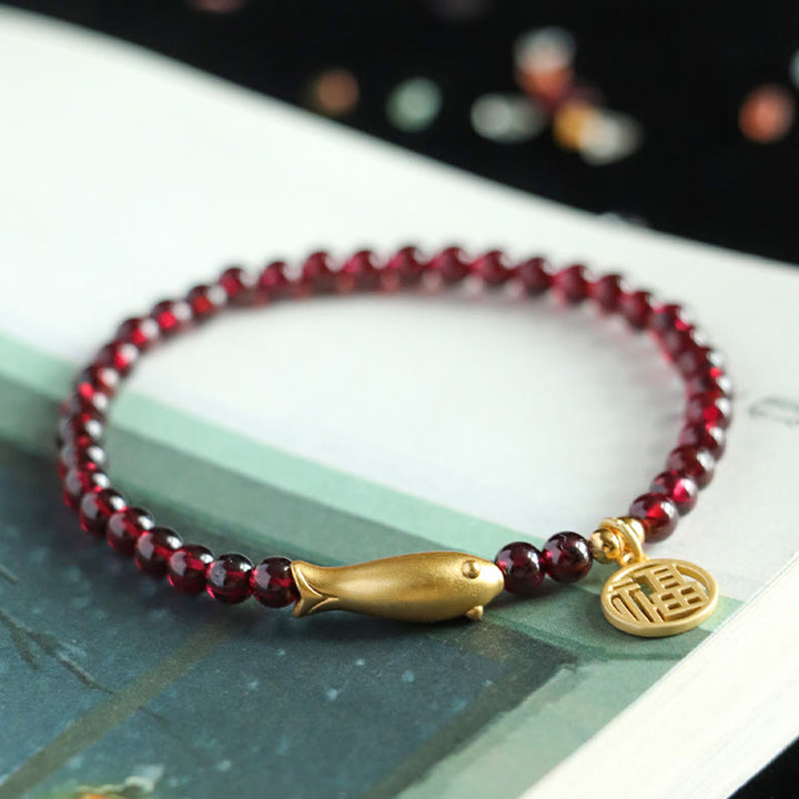 Braccialetto di purificazione Buddha Stones Garnet 925 Sterling Silver Fish Fu Character