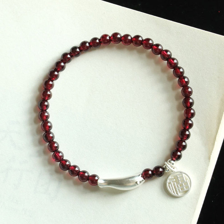 Braccialetto di purificazione Buddha Stones Garnet 925 Sterling Silver Fish Fu Character