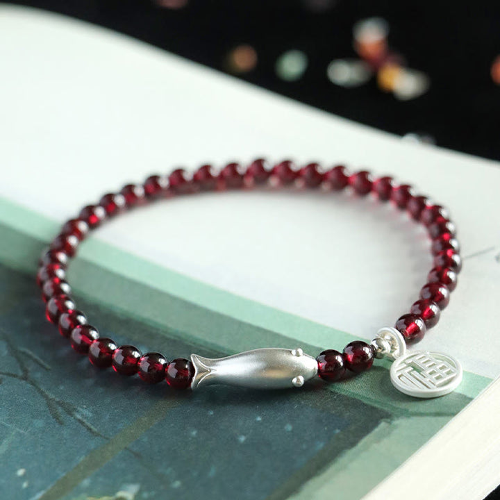 Braccialetto di purificazione Buddha Stones Garnet 925 Sterling Silver Fish Fu Character