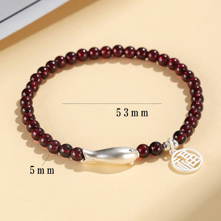 Braccialetto di purificazione Buddha Stones Garnet 925 Sterling Silver Fish Fu Character