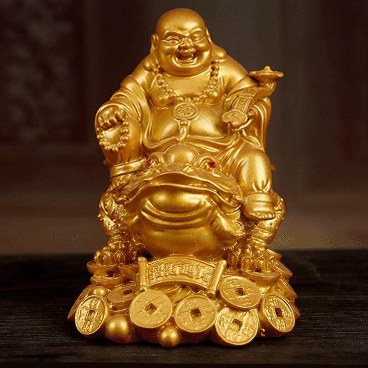 Buddha Stones Buddha che ride Feng Shui Rana Rospo Monete di rame Attraggono la ricchezza Statua in resina Decorazione per la casa