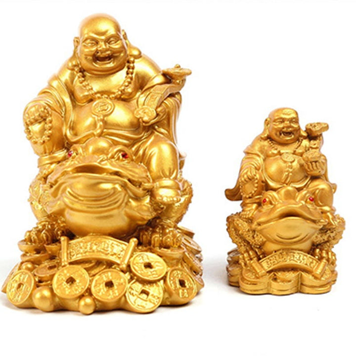 Buddha Stones Buddha che ride Feng Shui Rana Rospo Monete di rame Attraggono la ricchezza Statua in resina Decorazione per la casa