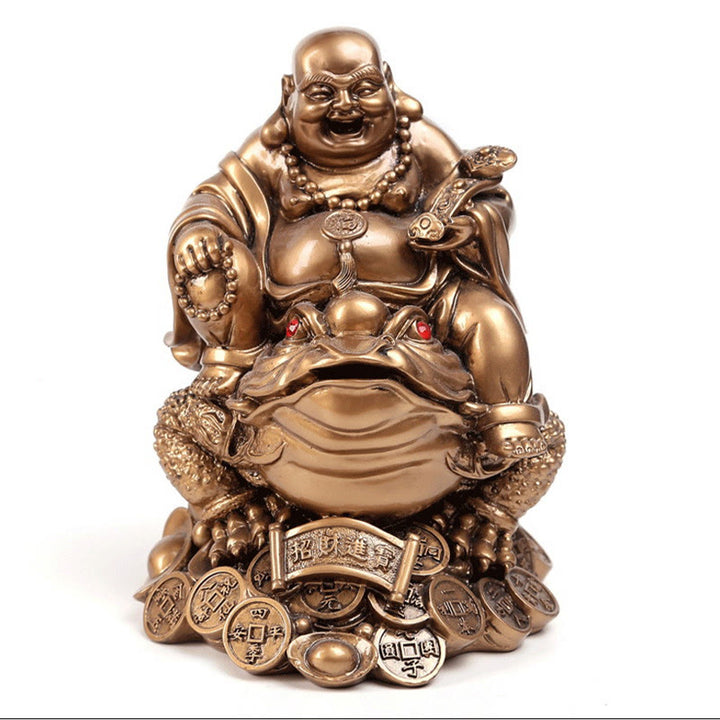 Buddha Stones Buddha che ride Feng Shui Rana Rospo Monete di rame Attraggono la ricchezza Statua in resina Decorazione per la casa