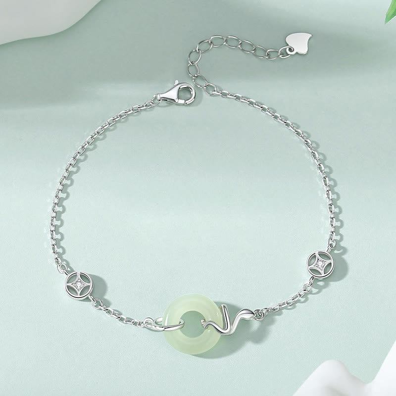 Braccialetto portafortuna dell'anno del serpente con fibbia della pace in argento sterling 925 e giada di Hetian Buddha Stones