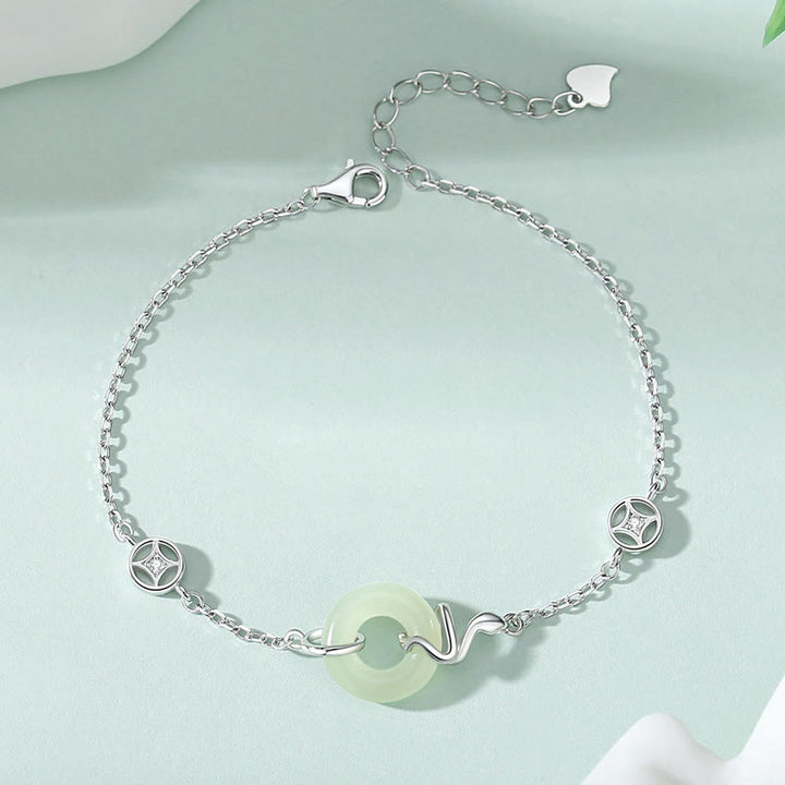 Braccialetto portafortuna dell'anno del serpente con fibbia della pace in argento sterling 925 e giada di Hetian Buddha Stones