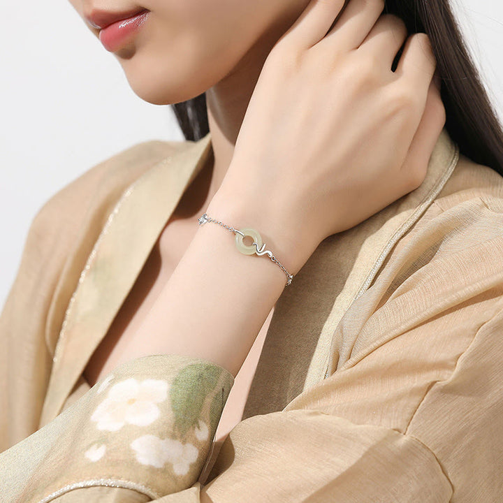 Braccialetto portafortuna dell'anno del serpente con fibbia della pace in argento sterling 925 e giada di Hetian Buddha Stones