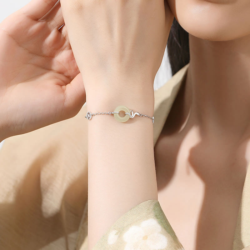 Braccialetto portafortuna dell'anno del serpente con fibbia della pace in argento sterling 925 e giada di Hetian Buddha Stones
