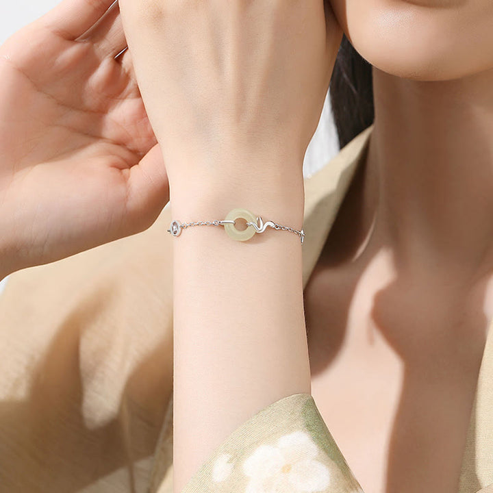 Braccialetto portafortuna dell'anno del serpente con fibbia della pace in argento sterling 925 e giada di Hetian Buddha Stones
