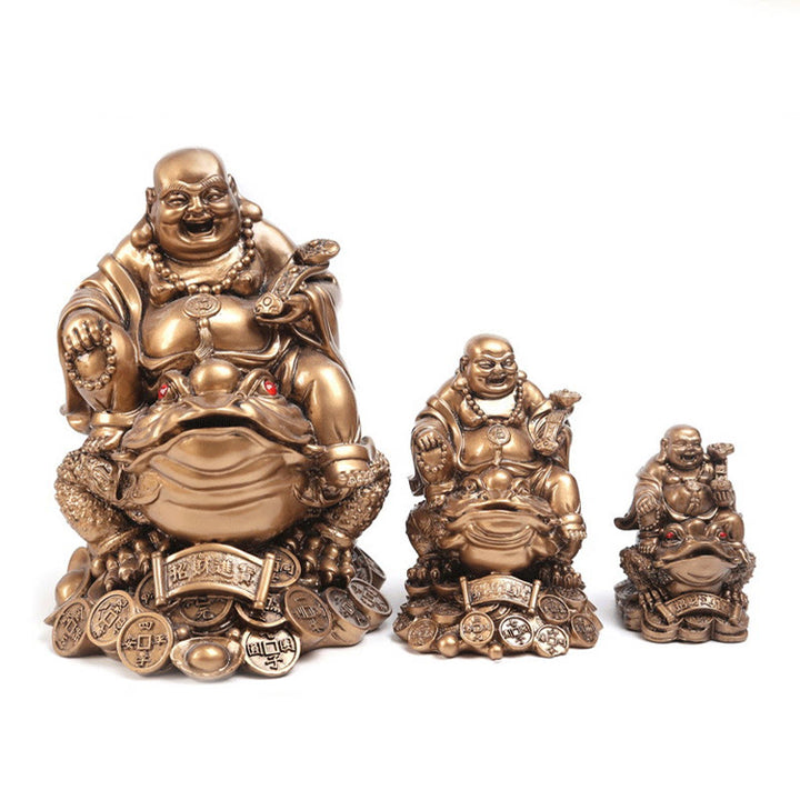 Buddha Stones Buddha che ride Feng Shui Rana Rospo Monete di rame Attraggono la ricchezza Statua in resina Decorazione per la casa