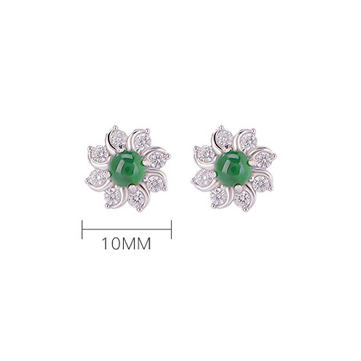 Orecchini Buddha Stones 925 Sterling Silver Round Jade Flower Prosperity