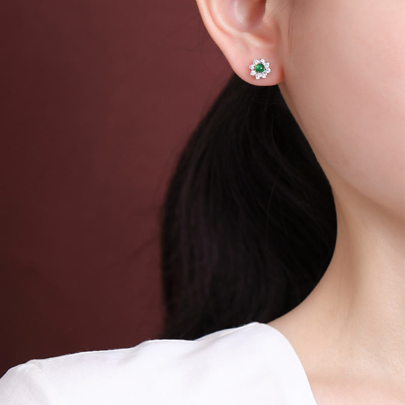 Orecchini Buddha Stones 925 Sterling Silver Round Jade Flower Prosperity