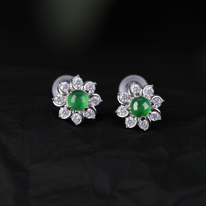 Orecchini Buddha Stones 925 Sterling Silver Round Jade Flower Prosperity