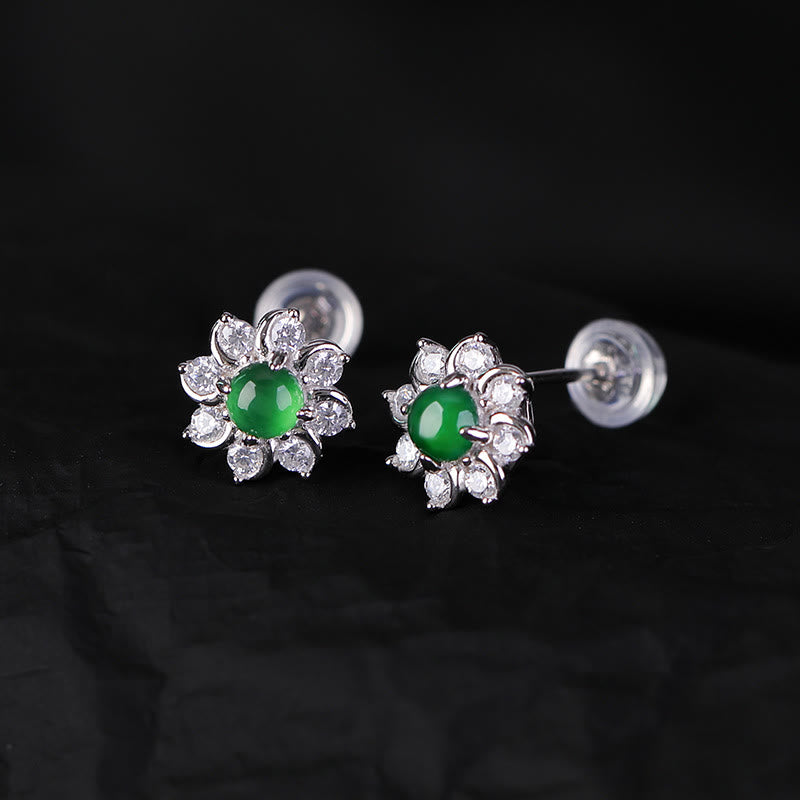 Orecchini Buddha Stones 925 Sterling Silver Round Jade Flower Prosperity