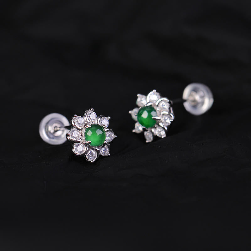 Orecchini Buddha Stones 925 Sterling Silver Round Jade Flower Prosperity