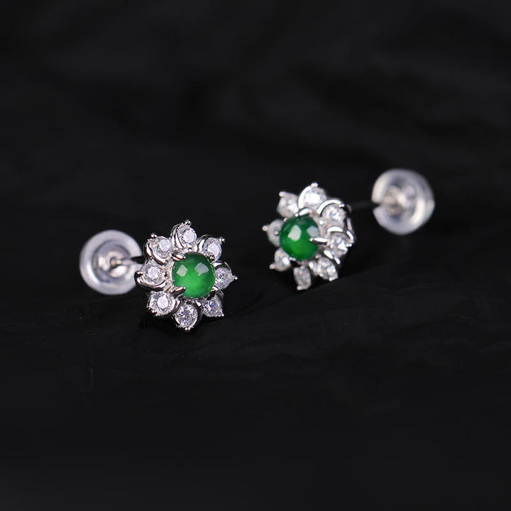 Orecchini Buddha Stones 925 Sterling Silver Round Jade Flower Prosperity