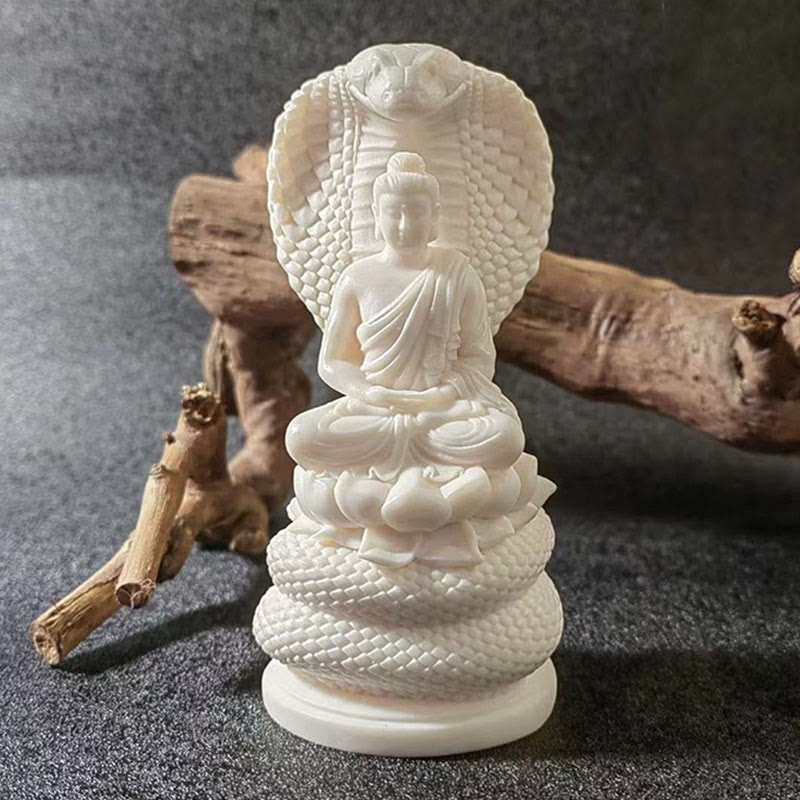 Buddha Stones Tathagata Shakyamuni Serpente Loto Avorio Frutto Meditazione Statua Serenità Decorazione Casa