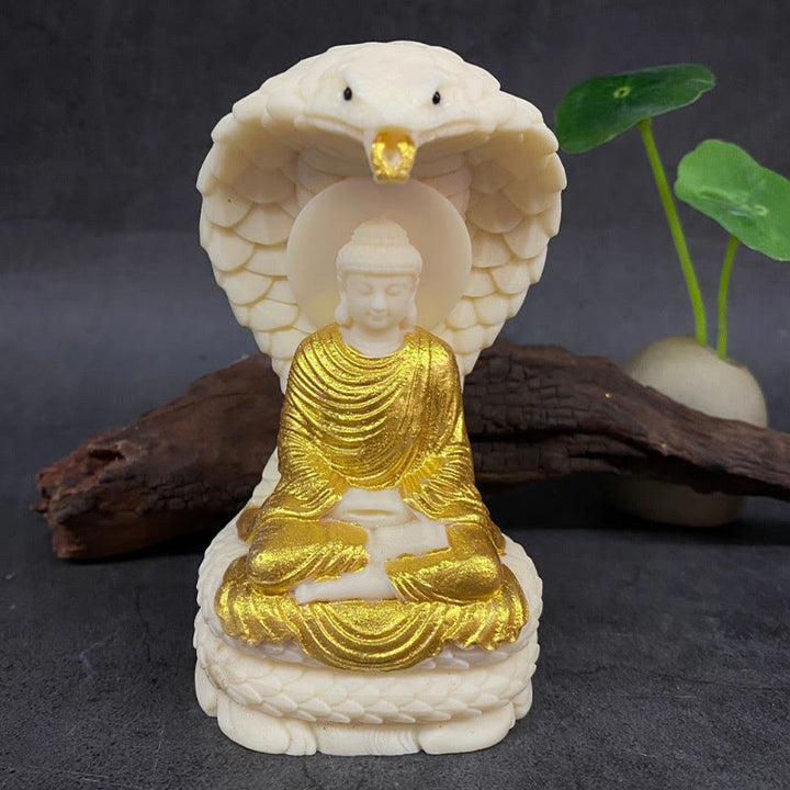 Buddha Stones Tathagata Shakyamuni Serpente Loto Avorio Frutto Meditazione Statua Serenità Decorazione Casa