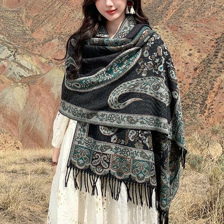 Scialle con nappa di fiori di anacardi tibetani Buddha Stones , autunno inverno, sciarpa da viaggio avvolgente - DarkSeaGreen - 180*65cm - image 0