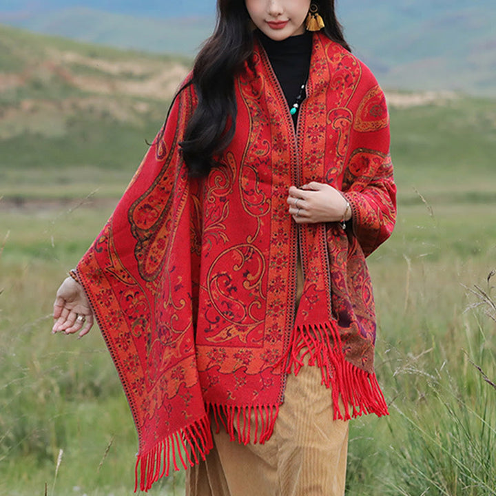 Scialle con nappa di fiori di anacardi tibetani Buddha Stones , autunno inverno, sciarpa da viaggio avvolgente - Rosso - 180*65cm - image 9