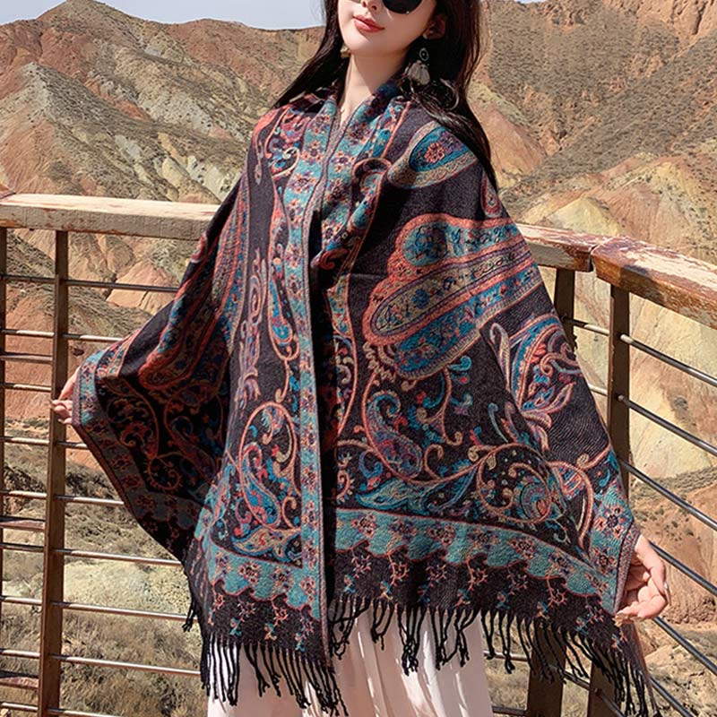 Scialle con nappa di fiori di anacardi tibetani Buddha Stones , autunno inverno, sciarpa da viaggio avvolgente - Magenta scuro - 180*65cm - image 18