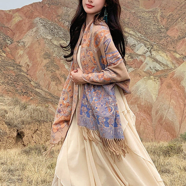 Scialle con nappa di fiori di anacardi tibetani Buddha Stones , autunno inverno, sciarpa da viaggio avvolgente - Cachi - 180*65cm - image 30