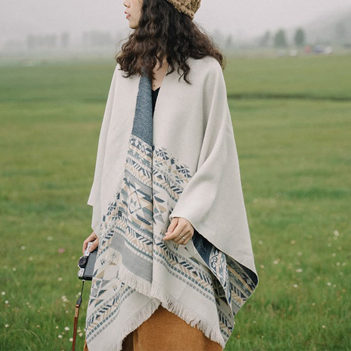 Buddha Stones con motivo geometrico beige tibetano con nappe, autunno inverno, sciarpa calda avvolgente