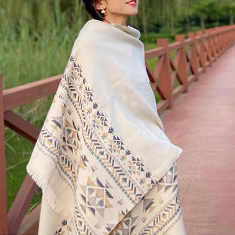Buddha Stones con motivo geometrico beige tibetano con nappe, autunno inverno, sciarpa calda avvolgente