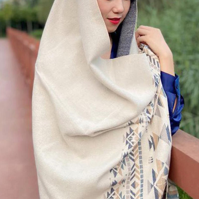 Buddha Stones con motivo geometrico beige tibetano con nappe, autunno inverno, sciarpa calda avvolgente